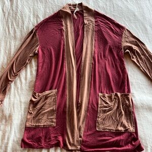 Anthropologie Two-Tone Open Front Cardigan - Burgundy and Brown